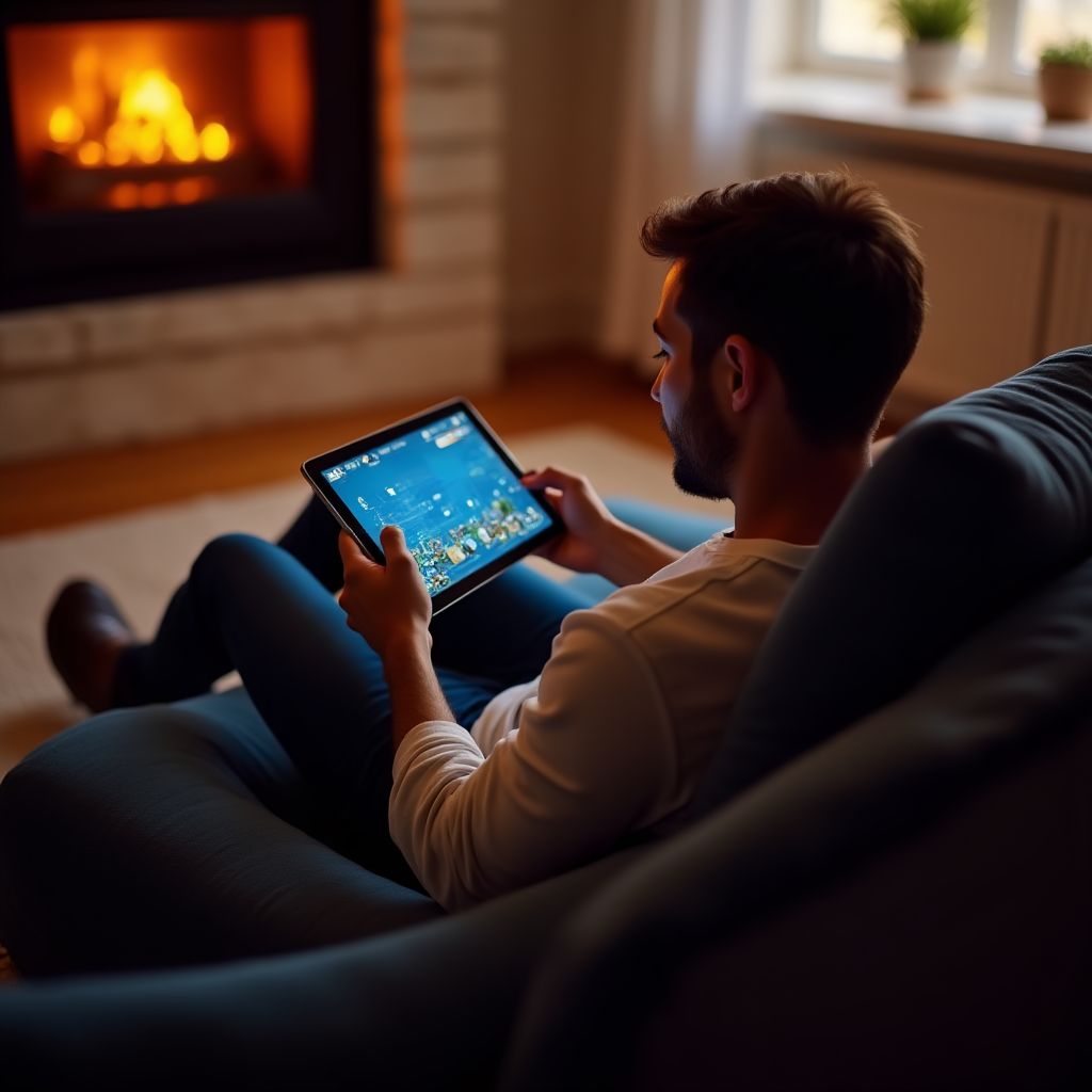 Person relaxing while playing games in the evening